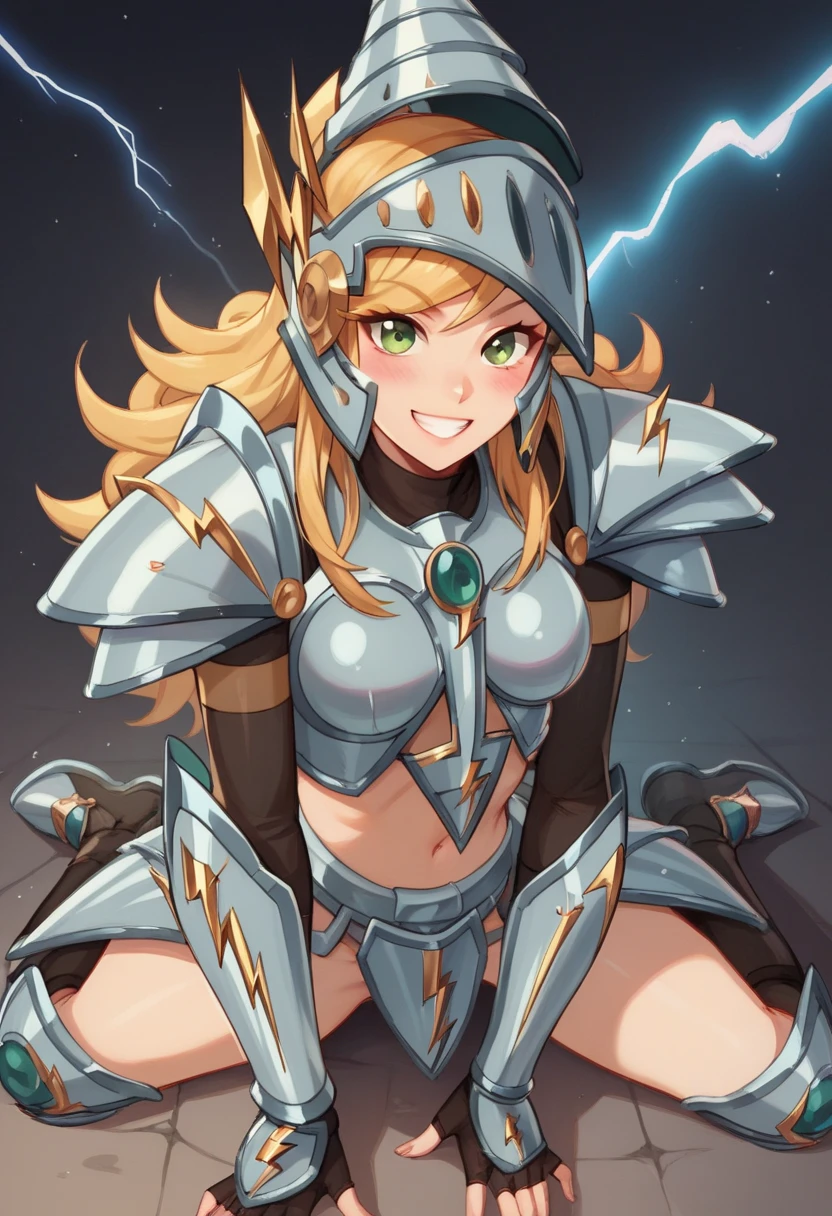 masterpiece, best quality, looking at viewer, smile, teeth, blush, k1n0sh1ta, blonde hair, green eyes, swept bangs, sidelocks, long hair, medium breasts, armor, helmet, on ground, sitting, dark background, lightning, looking at viewer, pov, from front