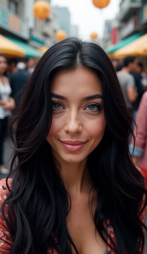 Selfie of a woman with people in the background,  black hair, yeux clair, 