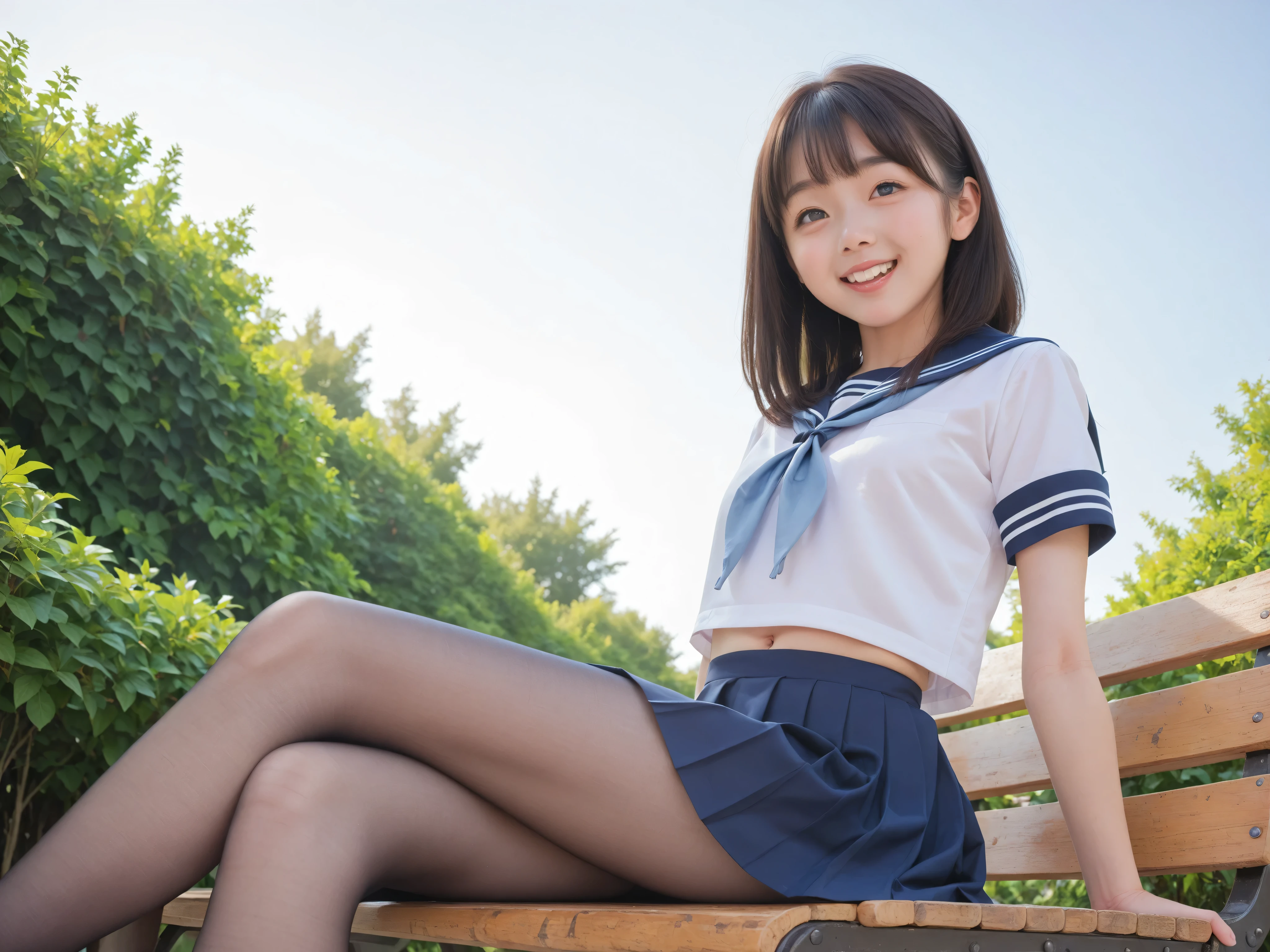  Short Sleeve Sailor Suit ,young cute girl,masterpiece,4K,8k,16k,Thin arms, white skin, Thin Thighs:1.5, thin body,delicate,Young,  black stockings,Sliding down the slide, can see your armpits,smile, watching here, taken from the side, very skinny,No excess fat , navy blue skirt