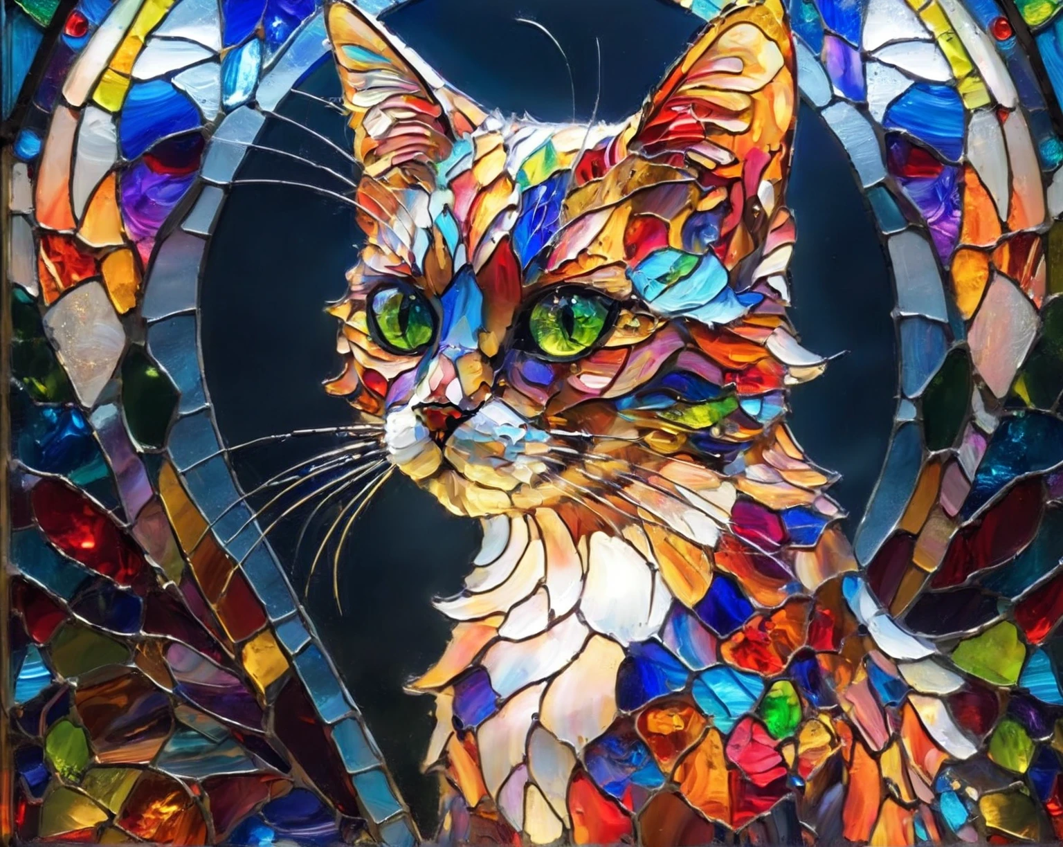  Close up of a cat in a stained glass window,  Stained Glass Art , Cat Details, a  Cat Painting,  Alex grey cat ,  Colorful Glass Art ,   sparkling stained glass background ,  maxim verehinステンドグラスmosaic  ,  stained glass style, Beautiful neon cat,  Cat Painting, Beautiful cat,  Masterpiece Stained Glass  ,  mosaic  , Cat masterpiece