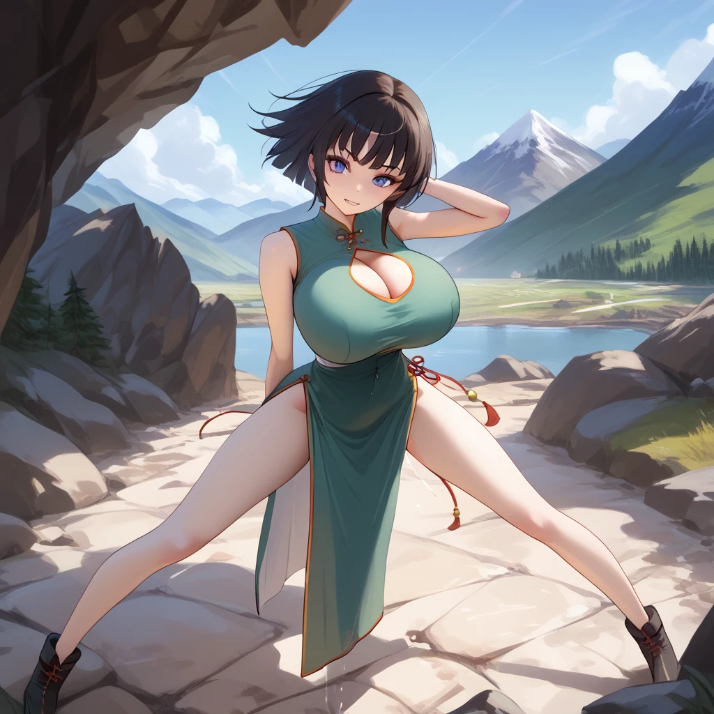 landscape, mountain, BREAK, skinny, 1 ***ite girl standing, fighter_dq3, (bouncing large breasts), (open legs), looking at viewer, BREAK, black short hair, (large breasts), bursting breasts, (too short torso), (too short waist), (too narrow waist:1.2), small stomach, skinny legs, (very long legs), BREAK, (green chinese dress), bared long legs, bottomless, slit, BREAK, nsfw, pussy juice