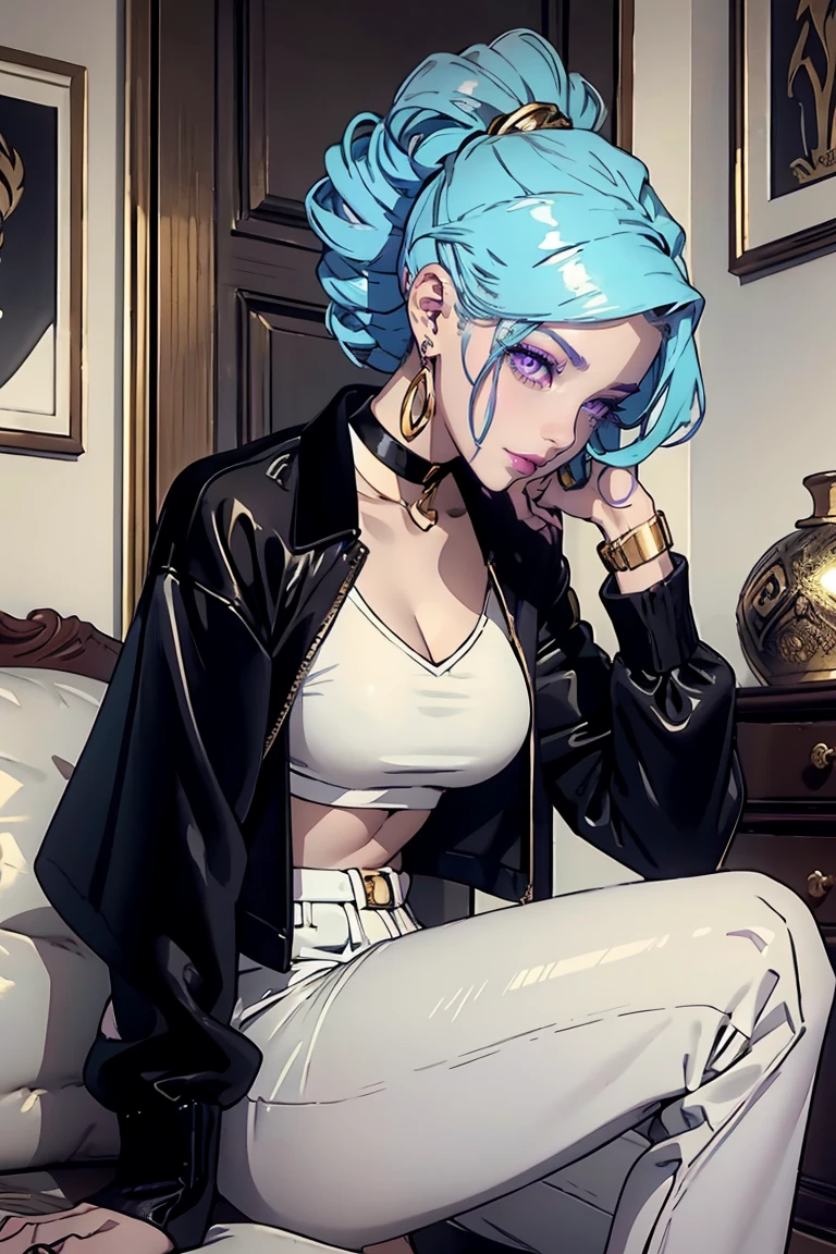 Goddess ((goddess-like woman)), slim elegant silhouette, masterpiece, (close angle), best quality, ((Nona/DeathParade)), pale skin, fair skin, sweet face, (masterpiece:1,2, best quality), (real picture, intricate details), (1 lady , solo, medium , slim waistline), blue hair, curly blue hair, (BLUE HAIR), makeup, lipstick, perfect makeup, Purple eyes, she has an impressive presence, bracelet, big hoop earring, beautiful face, beautiful eyes, Beautiful Eyes, big eyes she looks at the viewer, she Wears a black Velvet Tracksuit and ankle boots high heels, v3lv3tj0gg3r, black velvet jacket, black velvet jacket, open jacket, closed jacket, white shoes, midriff, velvet pants, white crop top, high-waist skirt, black velvet pants, ankle boots, high heels, sexy high heels, heel 15 cm, large gold hoop earrings, sweet irresistible smile, elegant pose, large gold hoop earrings, elegant pose, elegant hands, beautiful hands, perfect fingers , Background: room, white walls, she is standing looking to the viewer ready for the interview, well lit