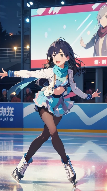    winter outdoor ice skating rink     、  Winter clothes、  scarves 、  pantyhose、  girl in a mini skirt is ice skating、   The skirt is fluttering       、  Move  , Speedy depiction 、Masterpiece,      accurate to human body structure  ,   top quality ,  long hair、,   flat chest