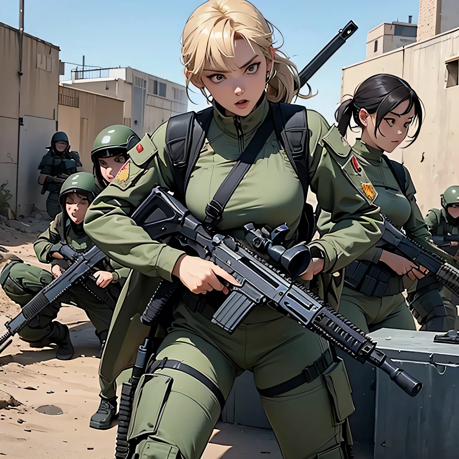 ((Highly accurate drawing in every detail)Extremely precise depiction)[High resolution],(detailed illustrations,Very fine and detailed drawing,Delicate drawn lines with tempo,Realistic texture expression),[color traced main line],(mars battlefield [desert [ruins]]),[独奏],hentai ((アニメ) BIONICGirl) Beauty (14 years old))((muscular)) [SKINNY],cyborg [MACHINEARMY Mobile Infantry Military],Bandolier [hood cloak [Barbarian knife]] [heavy mace [javelin]] [[artillery shell mortar grenade]],gravure [Battle Damage],[retro future],(intricate and beautiful decoration [Dense detail]),(Fine and beautiful skin expression [transparency]),((Precisely drawn eyes))[Perfect eyes detailed((Beautiful eyes like jewels)Iris drawn in precise detail)[clearly drawn pupils]],[eyes light[Pinpoint lighting for the eyes]],[long and beautiful eyelashes],[precisely drawn hair [Beautiful and lustrous hair detailed{{Masterpiece, top quality, highly detailed CG, 16K, movie lighting, lens flare}}, (1 girl soldier aiming at a huge military robot with Lahti L-39 anti-tank gun), (wide view), thick body, Photorealism: 1.4, long blond hair, green eyes, have multiple weapons, aim, (Lahti L-39 anti-tank gun), direct light, F/1.8, night footage, shot at 35mm depth of field on the rubble ((Shinjuku at night (5 fully equipped special forces SWAT protect women)), (sniping with anti-tank rifles), (from side), HDR, hyper detailed, giant robot wreckage, (wide angle lens), kneeling shot　(Best Quality,4K,High resolution), Delicately expressed illustrations with realistic details，Gathering of 5 women＋selfee，Looking at the camera、Point the camera up，Staring at this、Smile，Red color clothes，（Black long straight hair），Yellow clothes，（ Brown bob hair）Blue color clothes，（short-haired and disheveled hair,,,,） pink color clothes，（ Beautiful with a pink ponytail），white colored clothes，（Blonde twintails），5 women of idol type，stage，Lively exterior，comic strip，and souls，Comical illustration，Cute illustrations delicately drawn in detail，Looking up at the camera from above