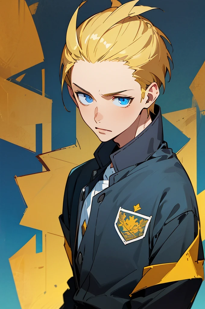 (masterpiece, best quality:1.3), 1 male, young teen, (Blonde hair), Dark Blue eyes, School Uniform , England Background, Knight Logo.