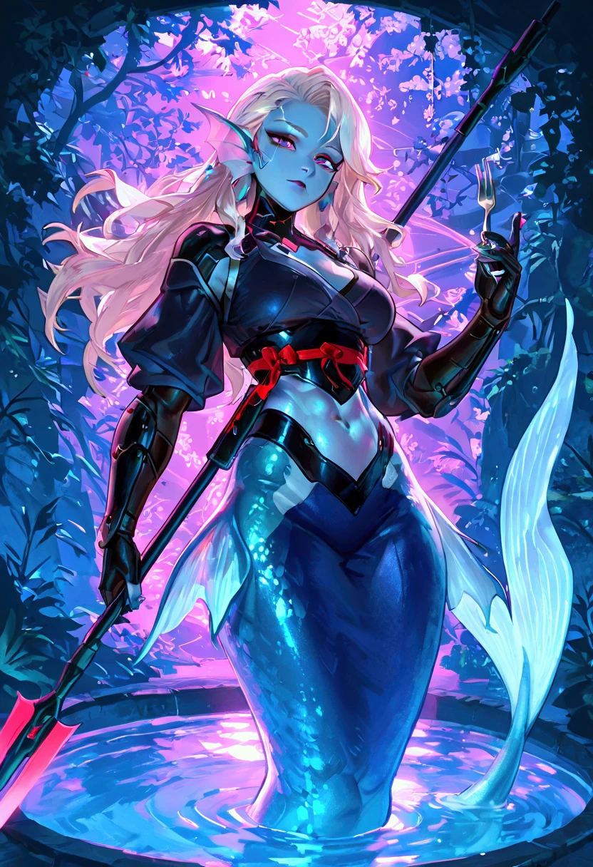 Female merfolk ninja, wearing ninja clothes, cyberpunk, sexy, well-toned abs, presenting a tuning fork shaped spear 