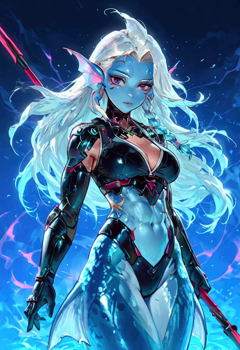 Female merfolk ninja, wearing ninja clothes, cyberpunk, sexy, well-toned abs, presenting a two-pronged spear 