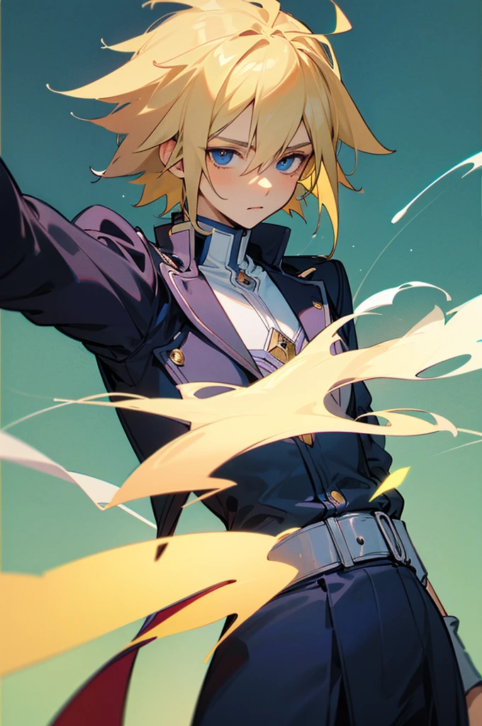 (masterpiece, best quality:1.3), 1 male, young teen, (Blonde hair), Dark Blue eyes, School Uniform , England Background, Knight Logo.