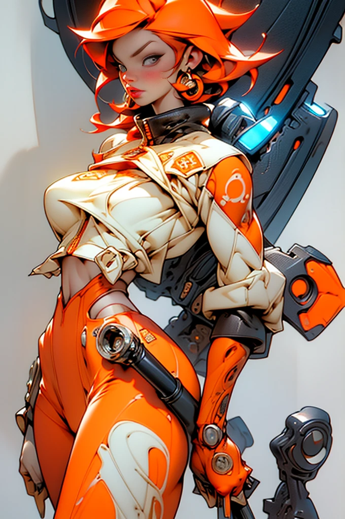 Kei from The Dirty Pair, , wearing a tight outfit, skimpy, medium breast, red hair beauty, cyberpunk city background, holding retro space-gun, headband, slim waist, slim thighs, thigh gap, show belly, light yellow uniform, skinny, slender hips