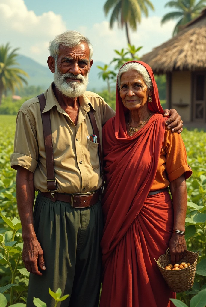 **A small, traditional Indian village at dawn, with thatched-roof huts and a small field in the background.** Man and woman and child