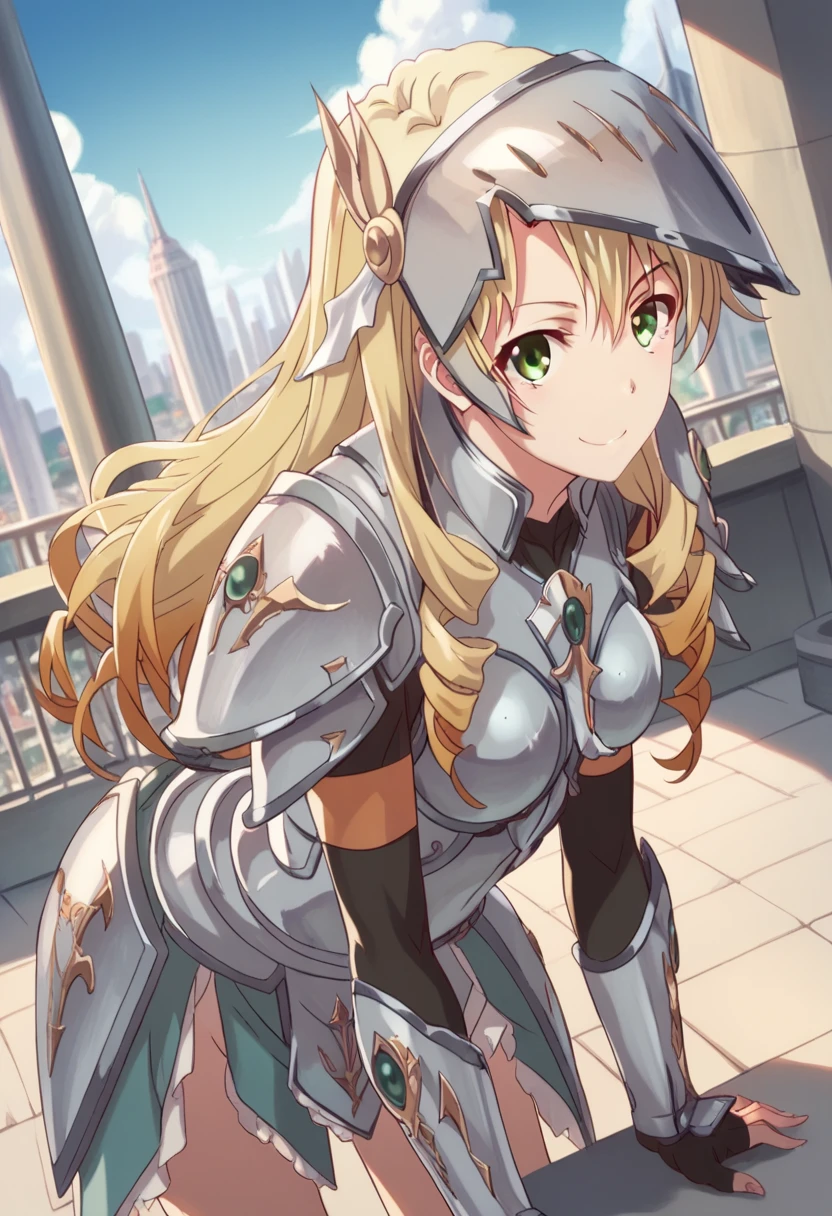 yumiko miura, long hair, blonde hair, green eyes, drill hair,
armor, helmet,
outdoors, cityscape, bent over, smile,
looking at viewer, solo, cowboy shot, dutch angle,