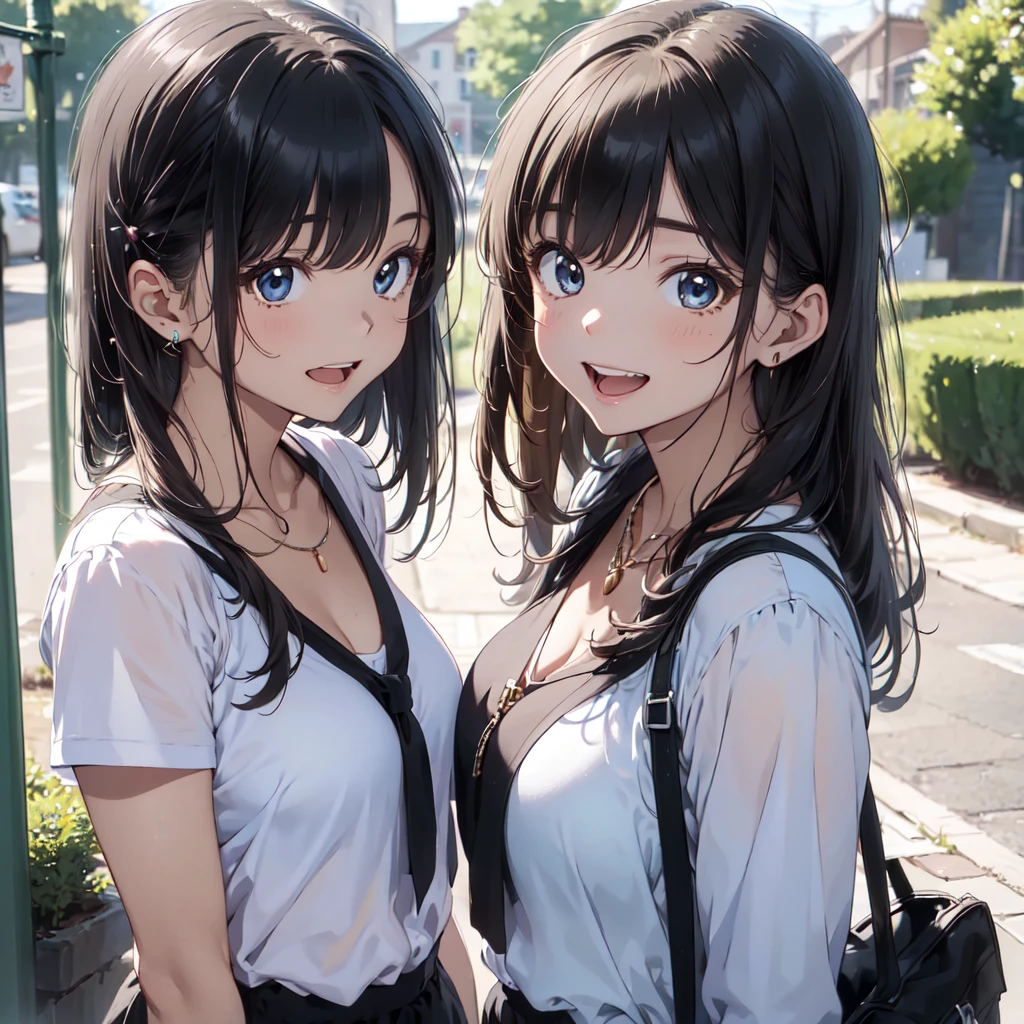 ((masterpiece, best quality , super high quality, high definition image, ultra high definition , Intricate and Detailed , Perfect Anatomy , shiny skin , cowboy shot ,)), In front of the villa,( Delicately drawn beautiful eyes ), ( beautiful and detailed face ), Shortness of breath ,excited expression, ( 4 women stand side by side facing the camera.), (Laughing with mouth open), brunette , Blonde, Black hair, bijouterie, above the bet , necklace, long haired , short hair, Your chest is showing .