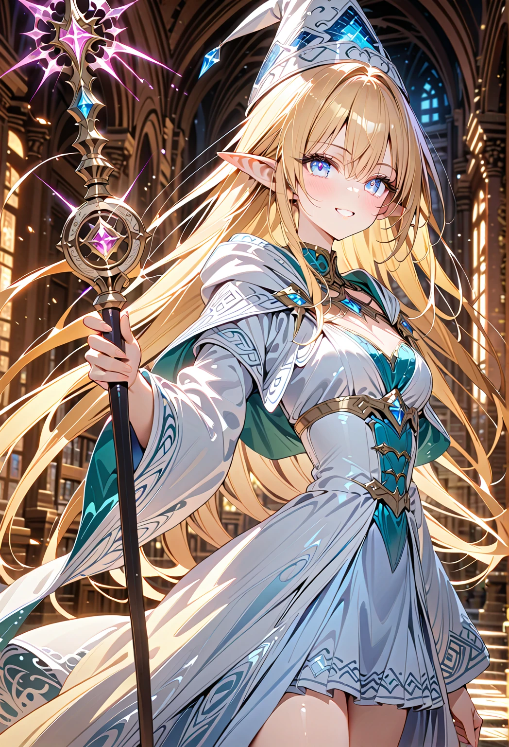 1girl, (beautiful Elf, dark fantasy), great wizard, wearing elegant magic robe, detailed beautiful face, (finely detailed beautiful eyes), smile, (long straight hair, shiny blonde hair, bangs), magic hat, Holding a magic staff, BREAK, elegant, gorgeous, delicate features, BREAK, (cowboy shot, face focus), deep depth of field, stunning, fascinating, enchanting, cinematic lighting, cinematic composition, anime style, vibrant colors, thin lines, dreamlike, absurdres, highres, masterpiece, best quality, newest, very aesthetic, ultra quality, high detailed, anatomically correct, perfect hands,