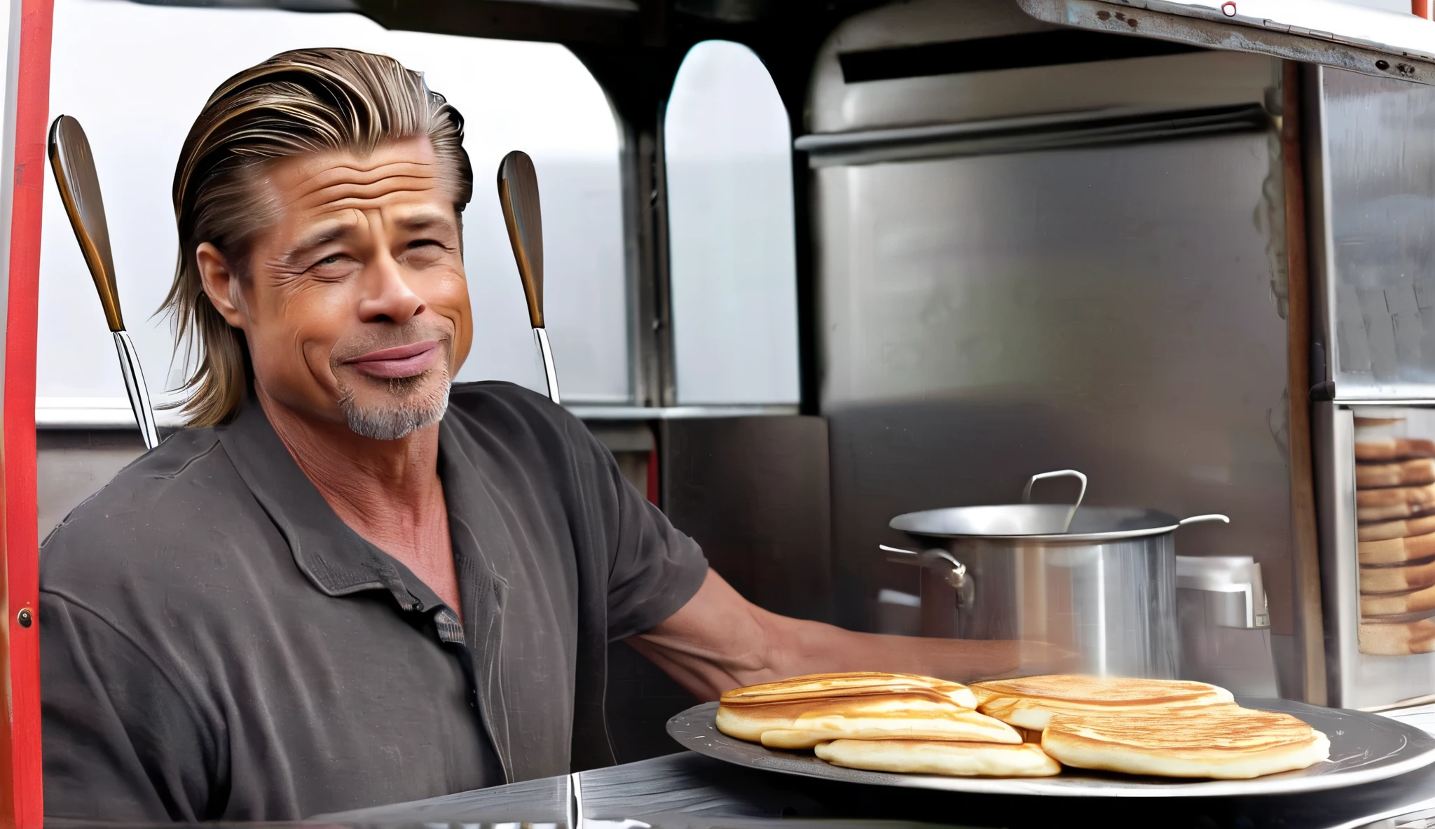 99 years old wrinkled Brad Pitt with grey hair flips pancakes with a spatula, inside a food truck, realism, ultra realistic