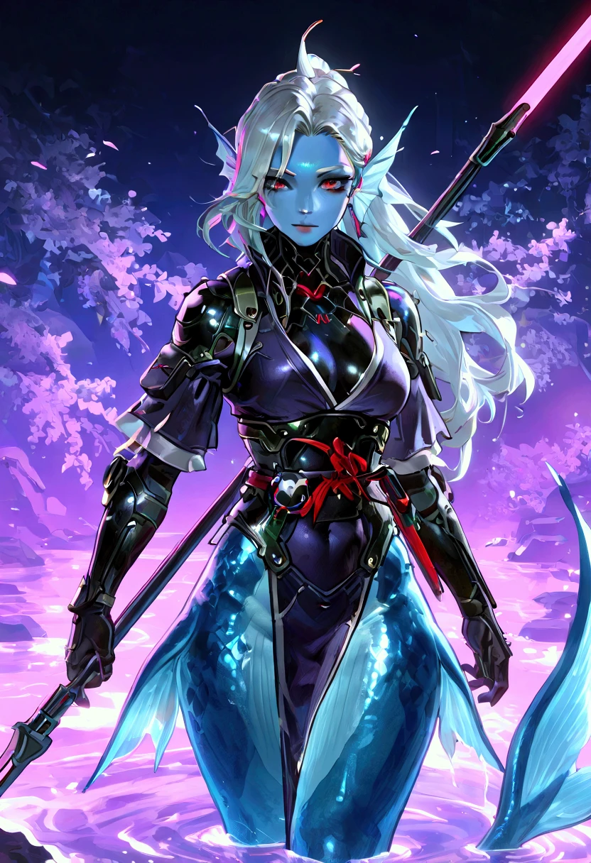 Female merfolk ninja, wearing ninja clothes, cyberpunk, sexy, well-toned abs, brandishing a two-pronged spear 