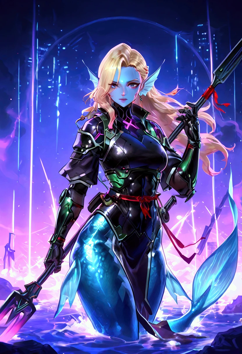 Female merfolk ninja, wearing ninja clothes, cyberpunk, sexy, well-toned abs, fighting with a tuning fork shaped spear