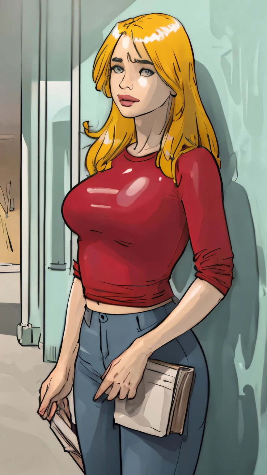 pretty woman, (1girl:1.3),   ((([topless, perfect perky breast, perfect small perky nipples]))) Blonde hair, Dress pants, rubenesque, pinup, cowboy shot, standing , in a retro-futuristic setting