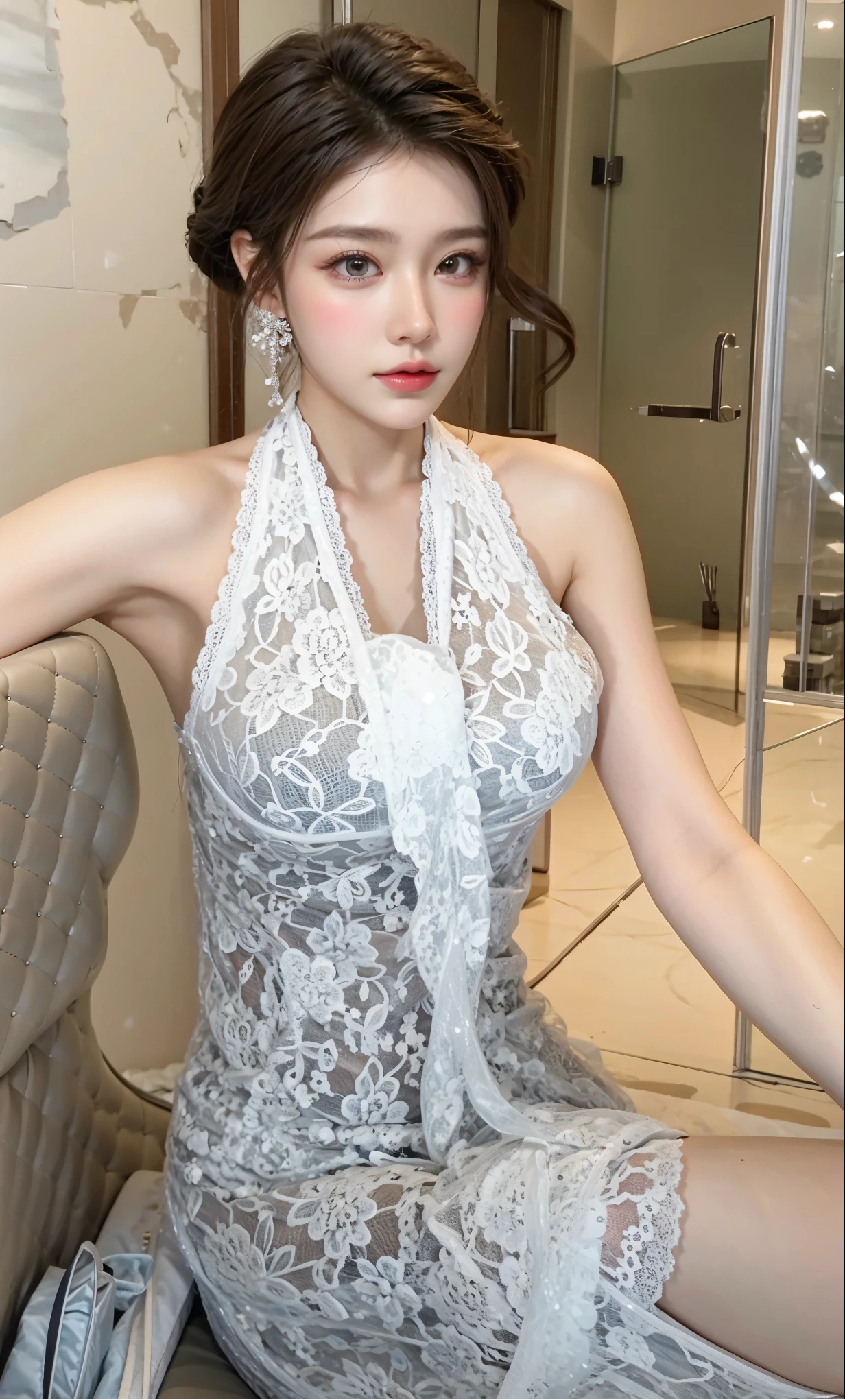 1 girl,8k, masterpiece,on bed, small Diamond necklace,gold and white sexy luxury dress,cleavage of the breast,Medium breasts,White skin glows,look at viwer