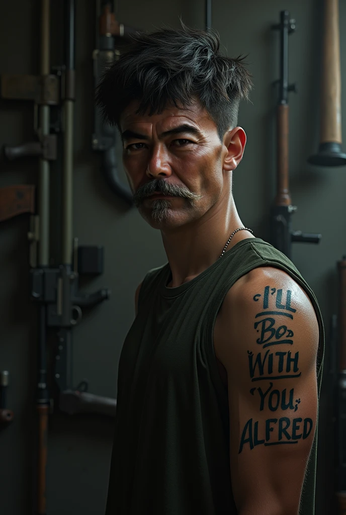 Shows a photo of a 35 year old Indonesian man with a rough appearance, wearing a baseball cap and worn white singlet and ripped jeans. His facial expression showed fatigue, as he took a deep drag from his cigarette. He has an intricate tattoo on his arm. His painting style is realistic with emphasis on the texture and shading of skin and clothing, shows traditional painting techniques. The background is a large black Graffiti style text &#39;KAYLA&#39; on a white wall.