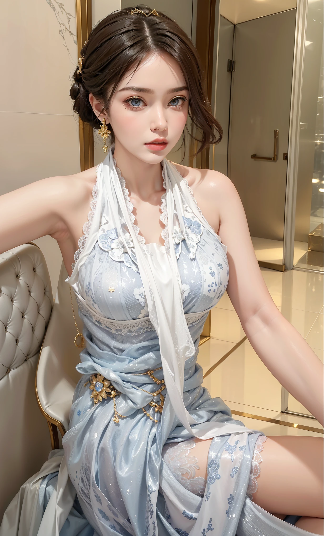 Royal sisters, exquisite eyes,Frozen Queen, wear the crown on the head , Detailed facial expression and body ,Fascinating Characters,Leg length,4K, HD,emotional, White Translucent Lace ,白皙Full image,Little cherry mouth,Beautiful and lovely,Full image,Glossy gel coat, gorgeous costume ,Vampire Queen,Have a tattoo( Intricate tattoo pattern ),Ice Princess, rich facial details,Angel,Eyes are blue( pupils as deep as a starry sky ),silk print costume , gold jewelry ,Woman in gorgeous dress ,Ultimate Luxury,精致奢华的宝石和 gold jewelry ,Breast symmetry,Very long hair, sitting on a chair