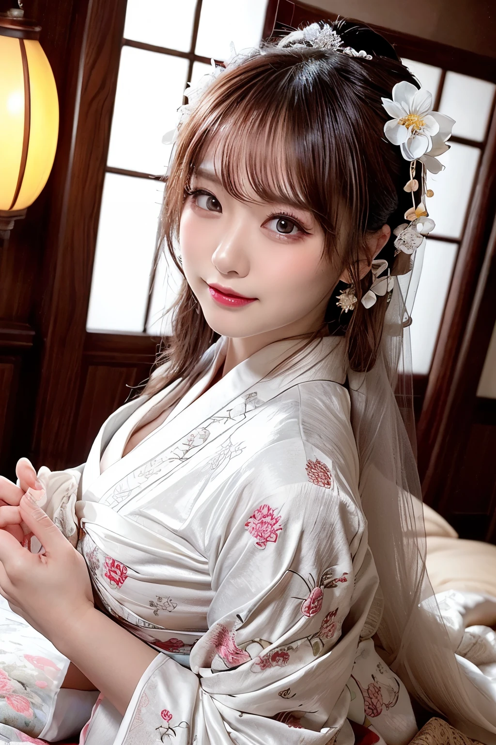 an elegant courtesan, in a lavish brothel room, dim light, folding screens, warm lantern lights, scattered flower petals, wearing a vibrant kimono with luxurious embroidery, lying down gracefully on futon on own back, a seductive smile, mouth half open, face and jaw pointing upwards, blushing, wearing traditional Japanese hairstyle adorned, with ornamental hairpins and flowers, holding a folding fan, refined sensuality, captivating presence, beautiful white-colored translucent skin, glamorous figure, alluring, glossy face, heavy and vivid makeup, begging expression, a blank look, eyes are hollow, angle looking down from above, shot from directly above, {realistic photo style}, {cinematic}, {dramatic}