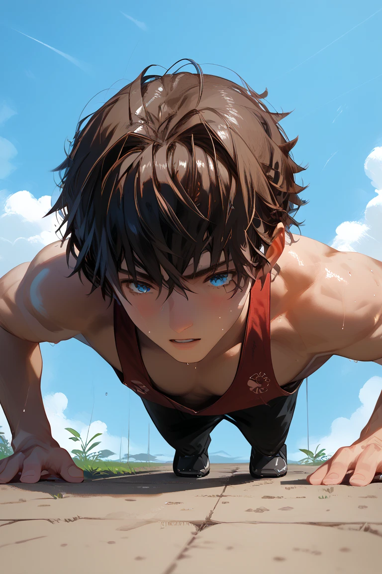 Teen boy, sweat, nude, black  short hair, sixpack, sky blue eyes, push up position, detailed eyes, field floor, anime, detailed, HD