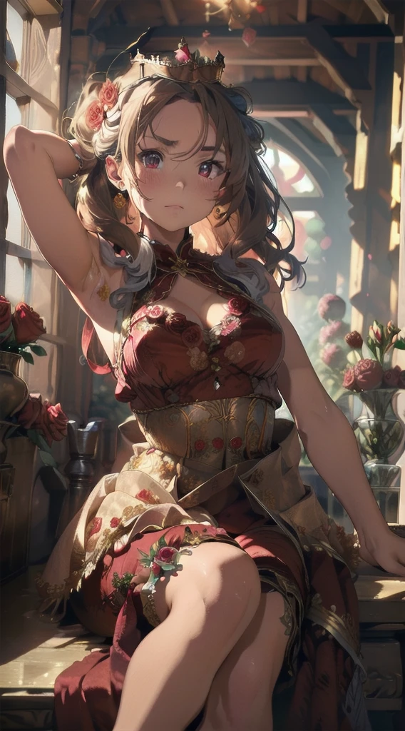 (The highest image quality, master piece:1.2), (Ultra Definition Illustration), (very beautiful matured queen, 45yo:1.3), nsfw, (captured, cave prison, in_prison:1.3), rpgroyal, (sleeveless gorgeous queen red dress with roses:1.3), (armpits), arms behind head, blond wavy hair, (embarrassed, crying:1.2), spread legs,