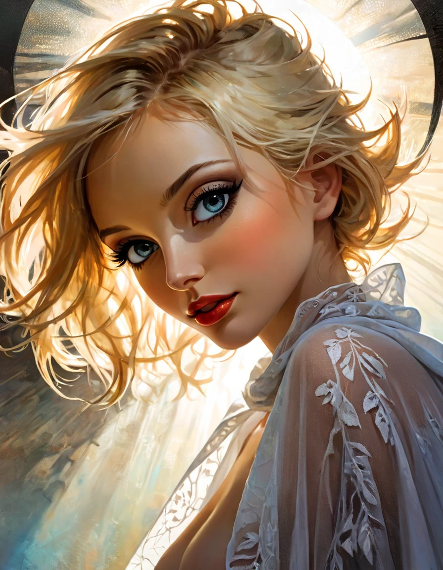 (((Best quality))), (((Ultra detailed))), ((((vivid)))), large library, books, ((particles, fireflies come out of an open book)), nostalgia, fantasy, 1 girl, white hair, sexy (art inspired by Bill Sienkiewicz). oil painting) (best quality,4k,8k,highres,masterpiece:1.2),ultra-detailed,(realistic,photorealistic,photo-realistic:1.37),intricate details,vivid colors,sharp focus,professional,Dave McKean artwork, oil touch of surrealism,oil painting style,portrait,woman,beautiful detailed eyes,beautiful detailed lips,dreamlike atmosphere,shadow play,soft lighting,playful pose,library,dark hues,ethereal background,fantasy elements,texture,layered composition.