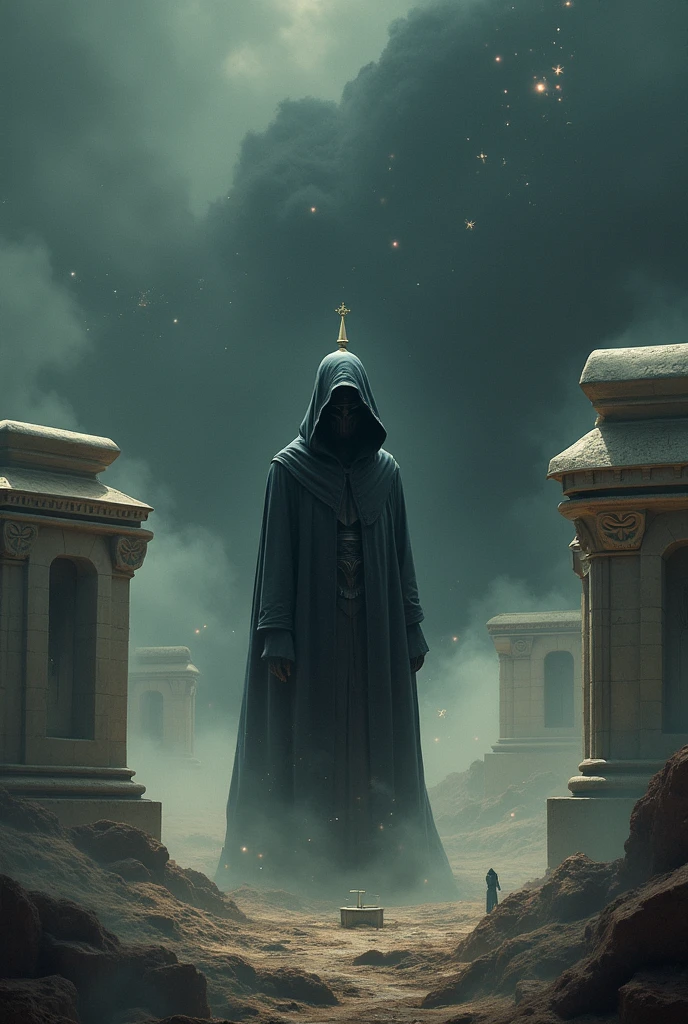 4k highly detailed realistic digital extremely high quality RAW photograph, dark arabian fantasy in the style of hp lovecraft, highly detailed sand golem he have Saturn planet in his hands moonlit desert ruins, dynamic light, matte painting, dynamic angle, slow shutter speed, dynamic shadows