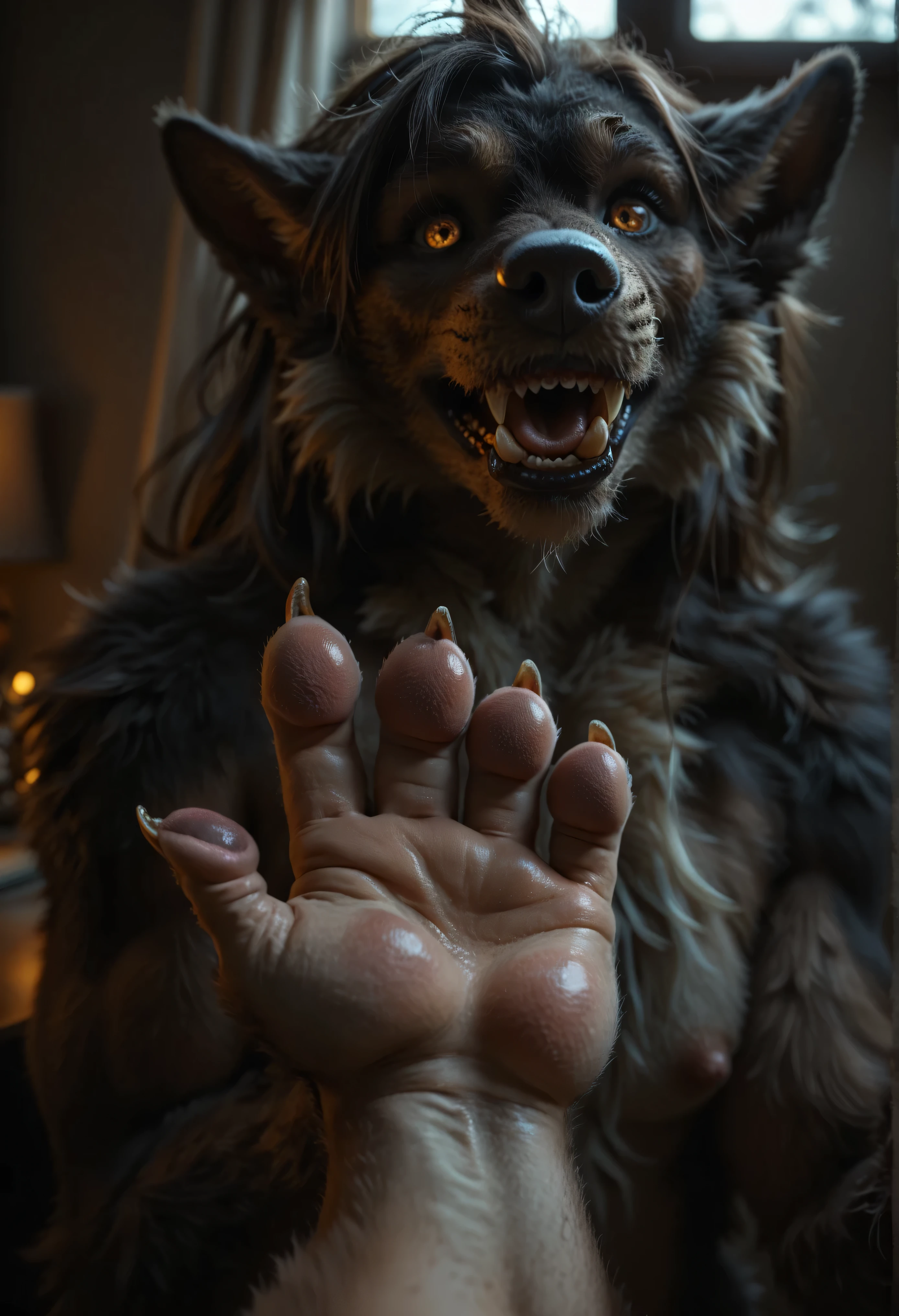 Extreme Close-Up, Werewolf hands, extra long fingers, palm, pawpads, [hand: paw:0.2], human, detailed fur, transformation, extreme details, deep details, masterpiece, simple background