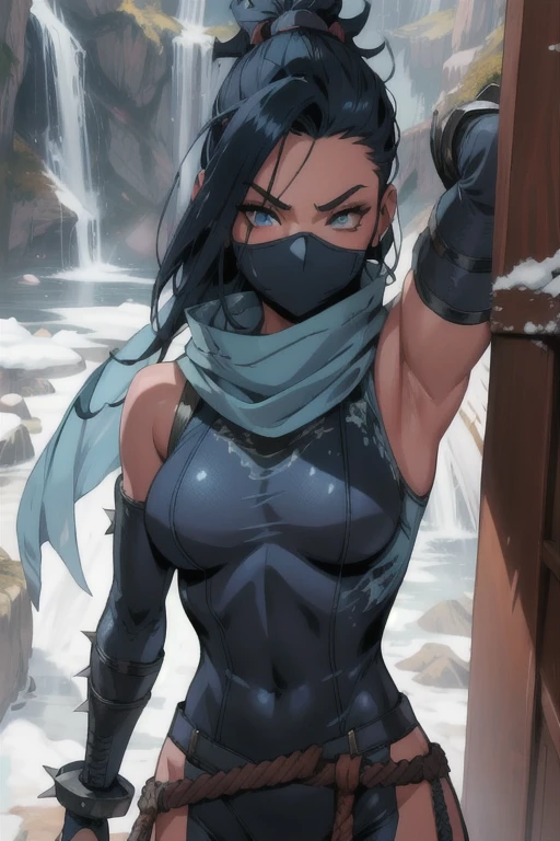 Frost, blue eyes,   mouth mask,  spiked hair, 
 fingerless elbow gloves, bodysuit,  pelvic curtain ,  blue attire, 
standing,  upper body, 
dojo, snow, solo,  
(insanely detailed, beautiful detailed face, masterpiece, best quality) 