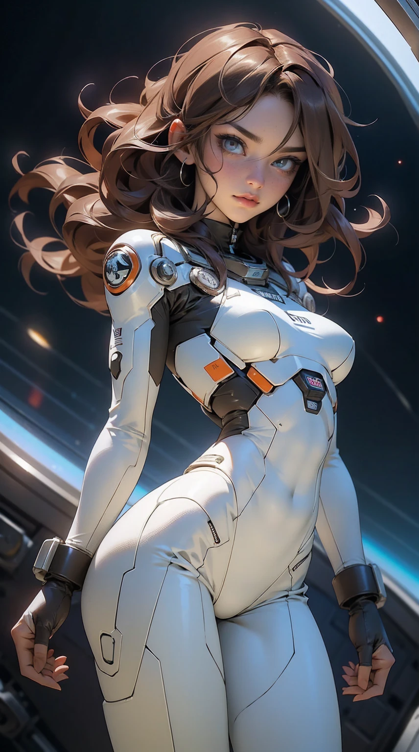 Side view,,gritty hair fit body massive breasts (protuding erect nipples) slim thighs slim waist, transparent pilot suit top, nude lower body, bare belly, bare buttocks, bare thighs, smiling looking at the viewer. in space long hair blushing determination, 8k, Detalle extremo,More detailed 8K.motor irreal:1.4,UHD,La mejor calidad:1.4, fotorrealista:1.4, textura de la piel:1.4, obra maestra:1.8,obra-prima, mejor calidad,objeto Objeto], (detailed face features:1.3),(Traje de piloto:1.4)