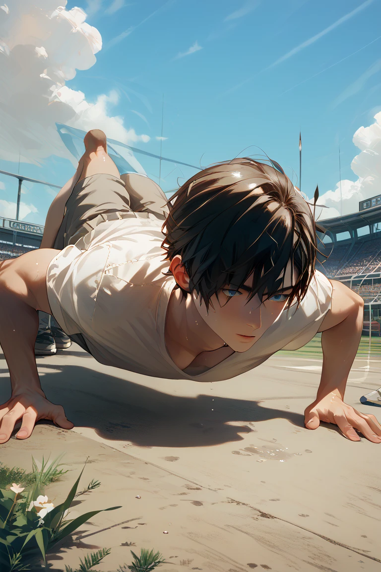 Teen boy, sweat, naked, black  short hair, sixpack, sky blue eyes, push up position, detailed eyes, field floor, anime, detailed, HD