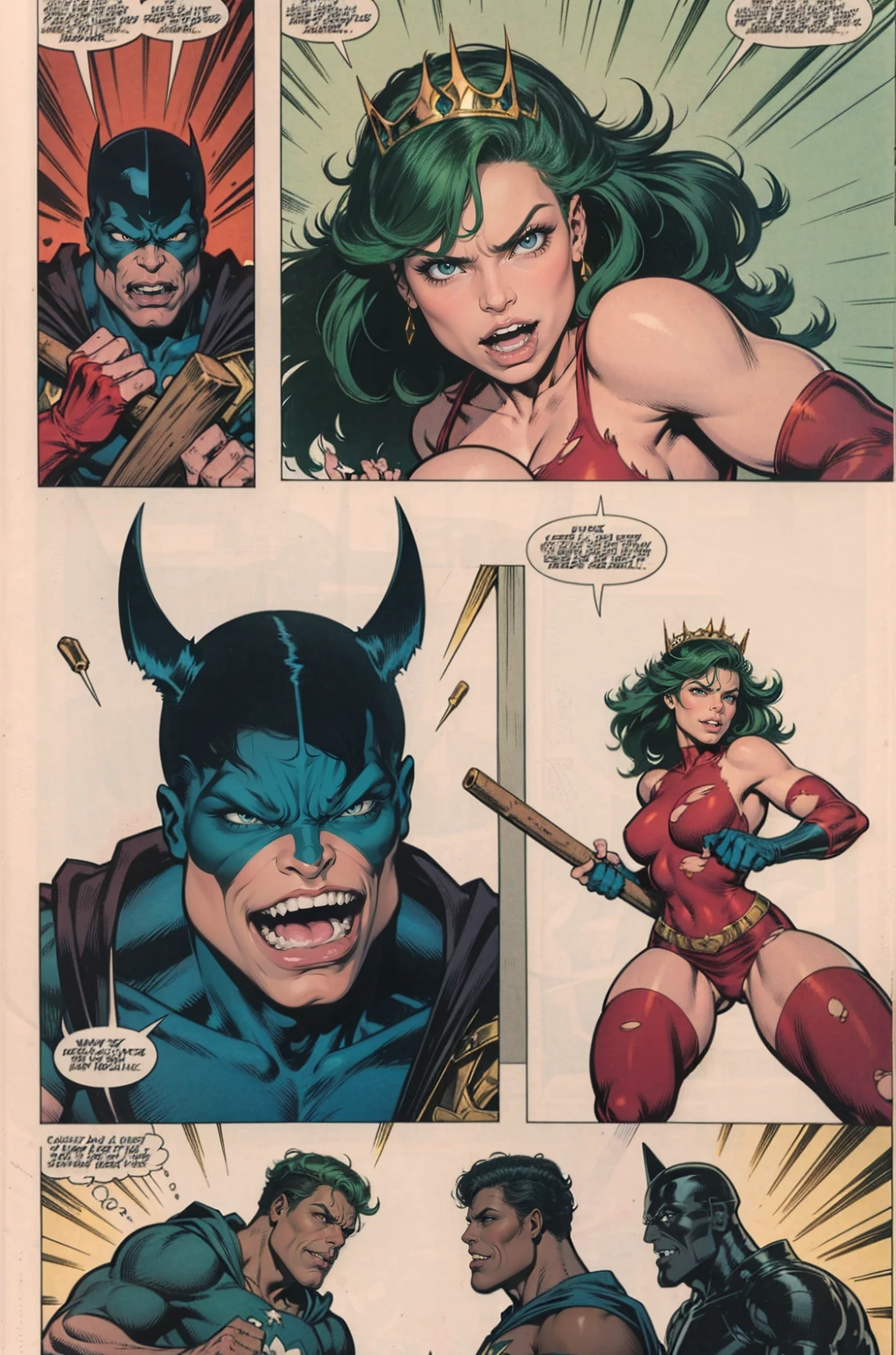 1 girl, long hair, gloves, holding, Weapon, a comic, hs;bt hair, teeth, fingerless gloves, Torn clothes, 4 but, a parody, a tiara, wicked, axe, holding axe,