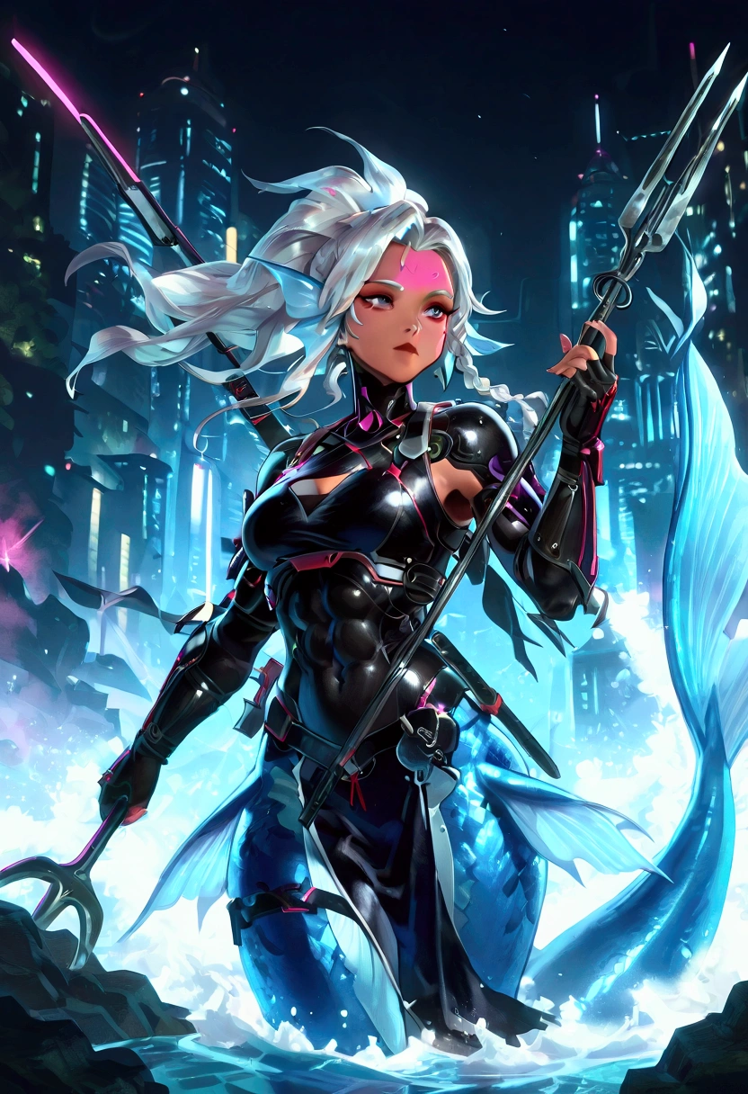 Female merfolk ninja, wearing ninja clothes, cyberpunk, sexy, well-toned abs, fighting with a tuning fork shaped spear