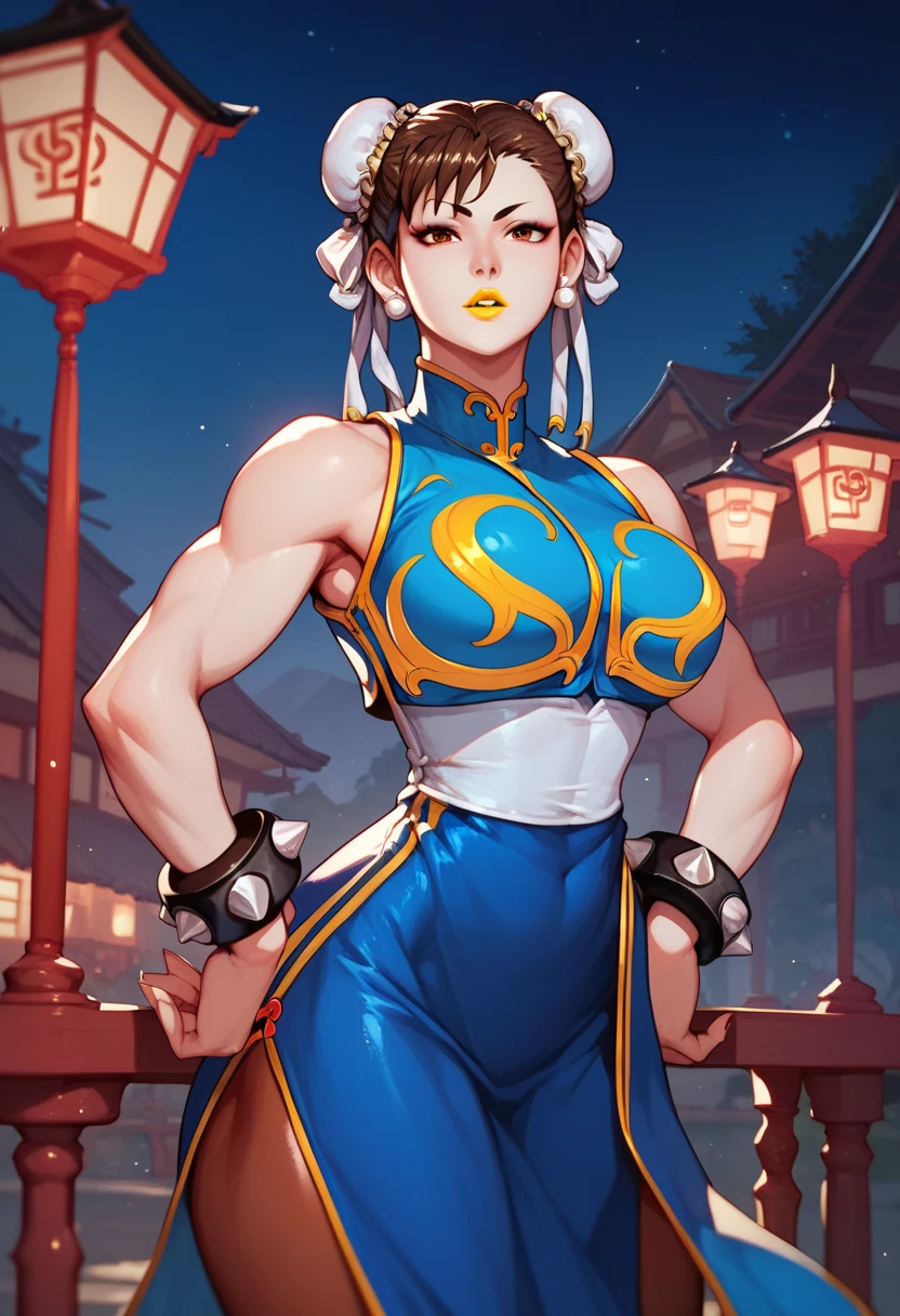 [Chun Li], ultra detailed, 8K resolution, angular view, solo, dressed in a fitted white sports top and blue leggings that hug her slender waist and massive thighs, voluptuous breasts, slim body, defined facial features, close-up on her toned derrière, backview, in a gym setting.