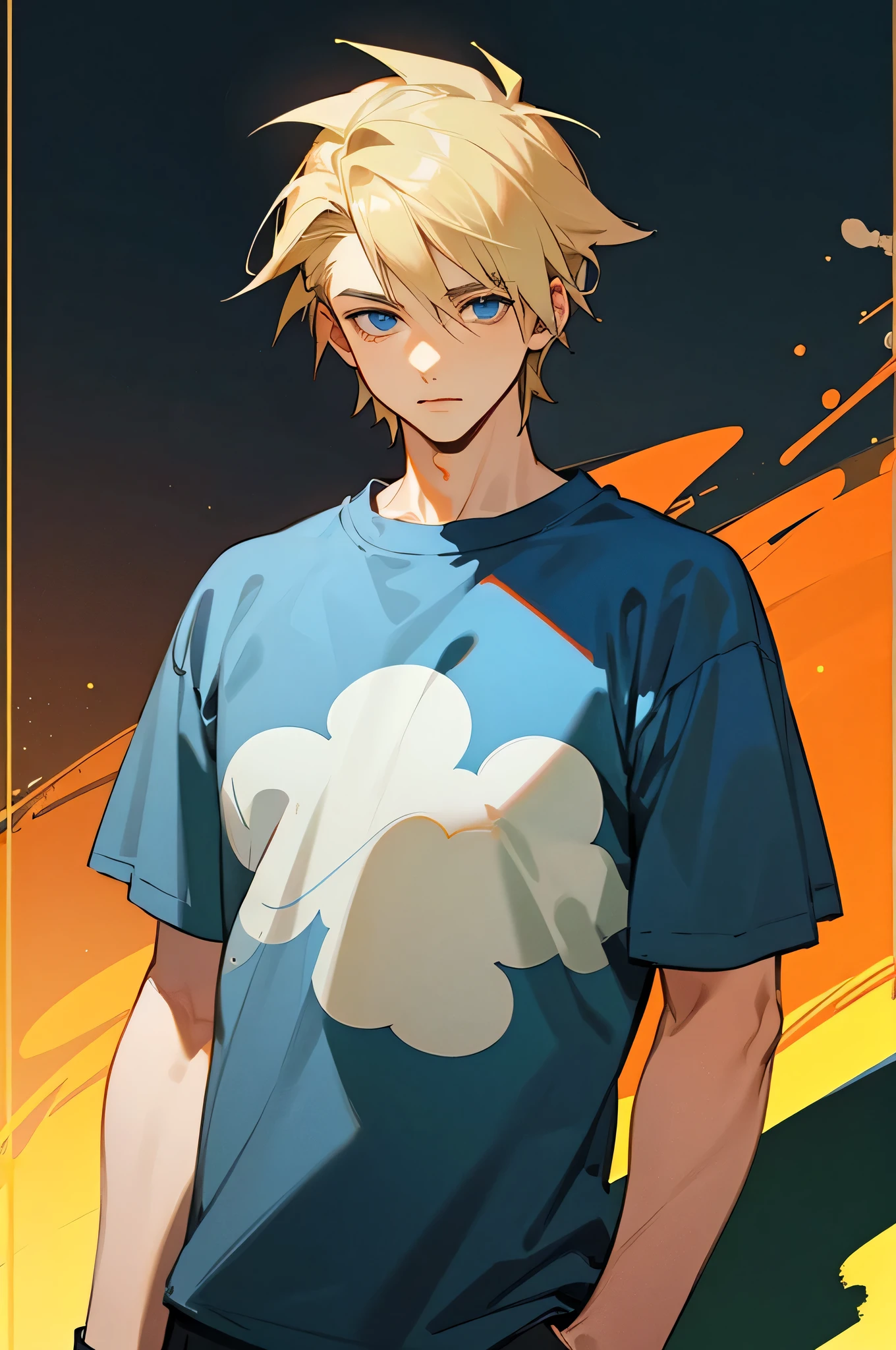 (masterpiece, best quality:1.3), 1 male, , (Blonde hair), Dark Blue eyes, Casual Clothing Tshirt , England Background, Knight Logo.