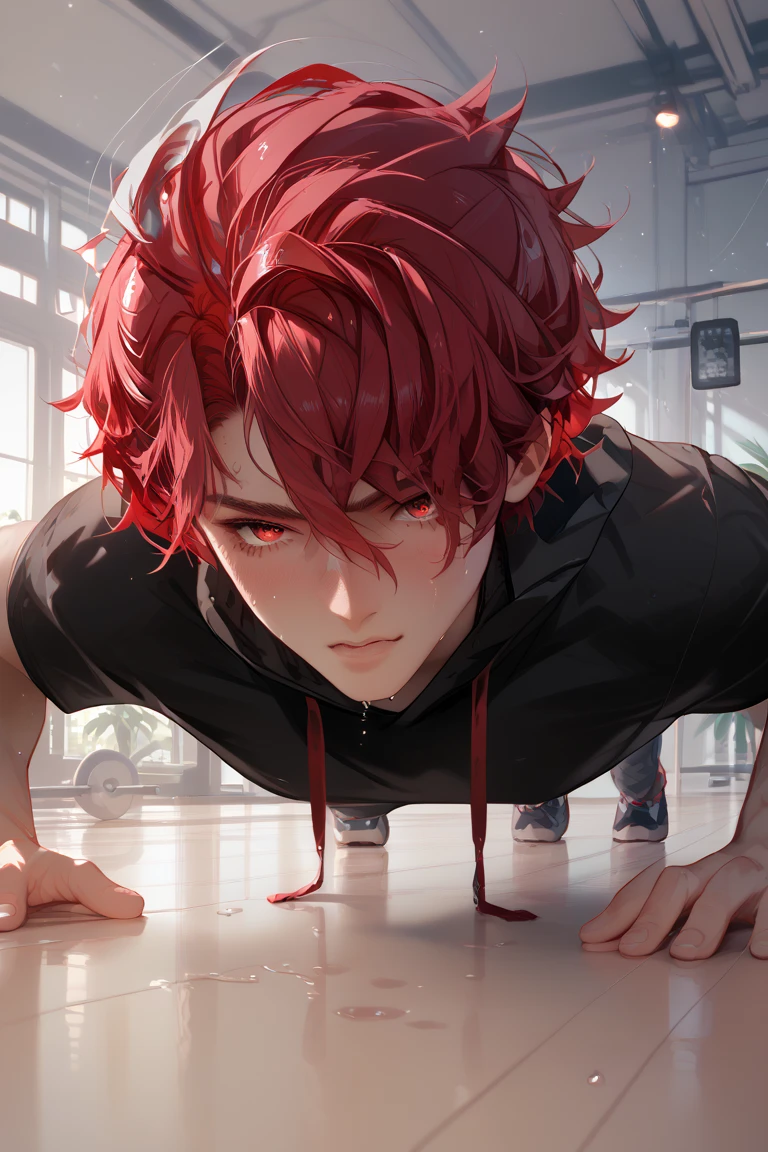  boy, sweat, red sleeveless hoodie, white short hair, sporty, sixpack, red eyes, push up position, detailed eyes, gym floor, anime, detailed, HD