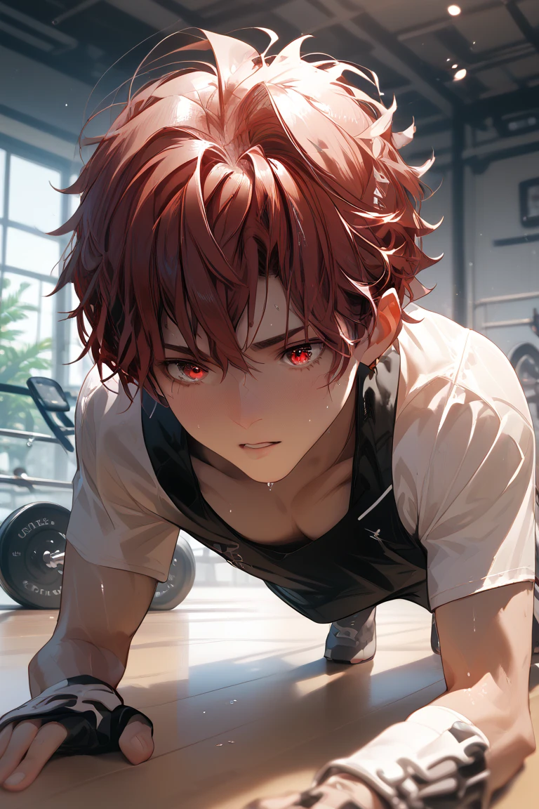 Teen boy, sweat, shirtless, white short hair, sporty, sixpack, red eyes, push up position, detailed eyes, gym floor, anime, detailed, HD