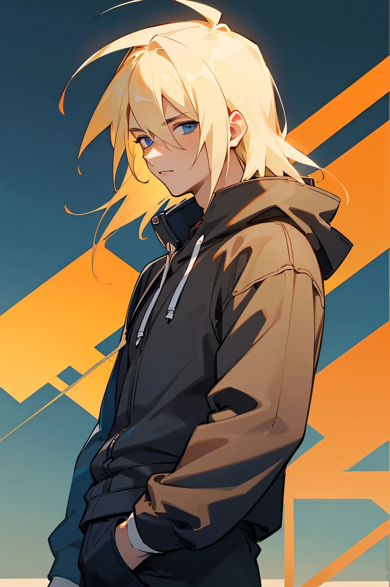 (masterpiece, best quality:1.3), 1 male, **********, (Blonde hair), Dark Blue eyes, Hoodie, England Background, Knight Logo, Town background.