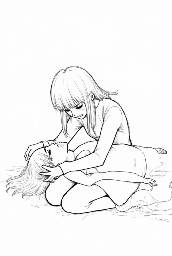 a woman being pulled over by a man, (coloring), color, pulled clothes, belly button, navel, asuka suit under clothes!, crying and reaching with her arm, adult animation, helpless,