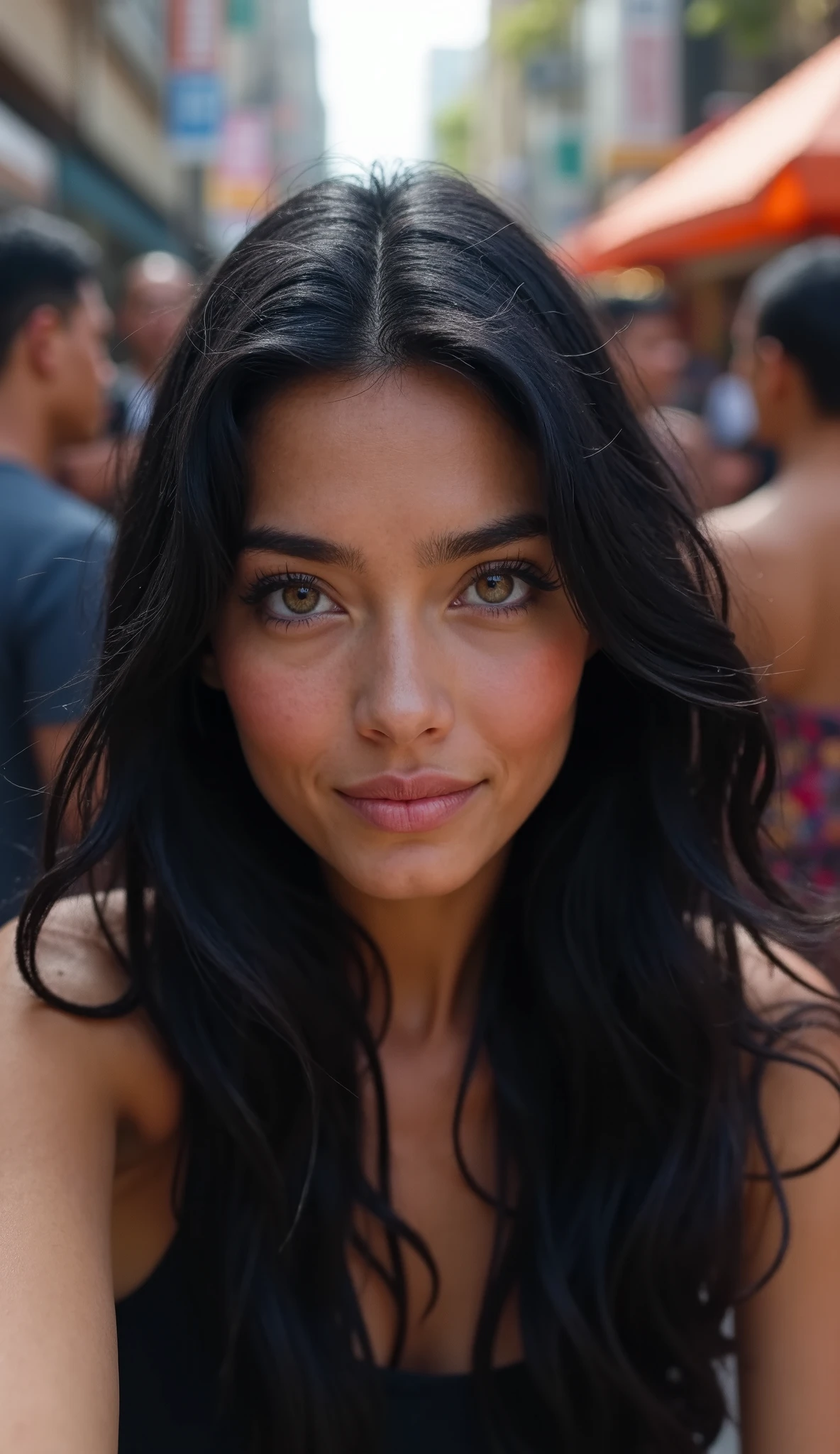 Selfie of a woman with people in the background,  black hair, yeux clair, 