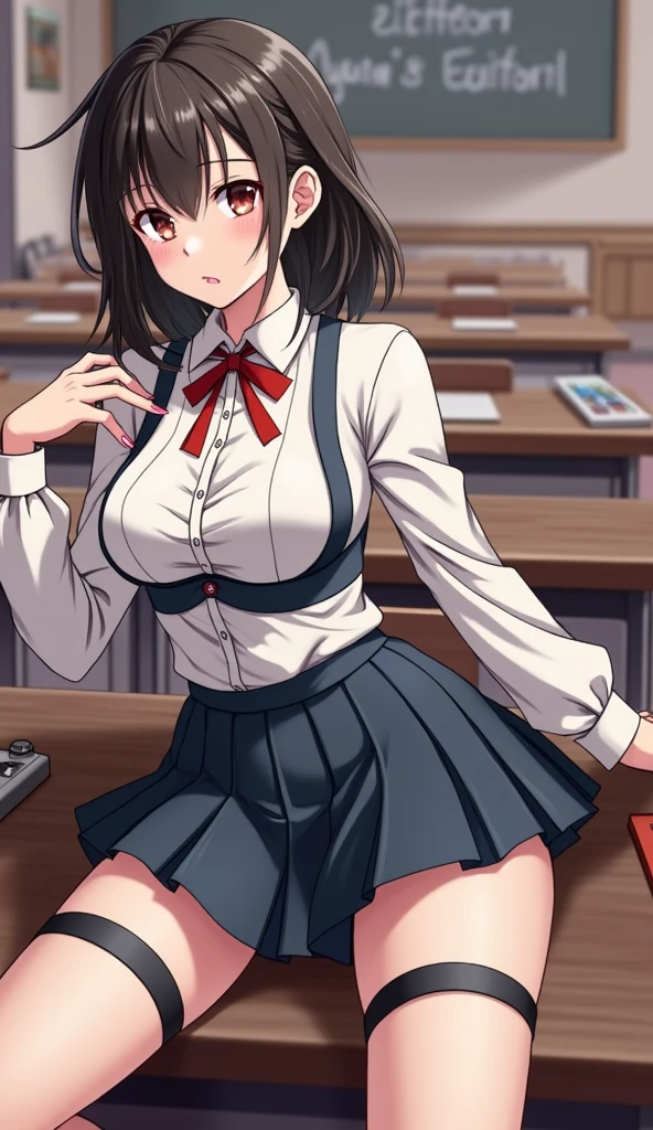 (masterpiece, best quality, ultra detailed, absurdres:1.5), 1girl, Erika (sexy, beautiful woman, perfect face, perfect eyes, perfect female body, large breasts:1.5), (CLOTHING_BibleBlack_SchoolDress_ownwaifu, long hair, black vest, red skirt, white shirt, collared shirt, suspenders, , black thighhighs, zettai ryouiki, necktie, long sleeves, pleated skirt, red necktie, loafers, ), (standing, indoors, Japanese classroom), perfect lighting, smooth, hdr