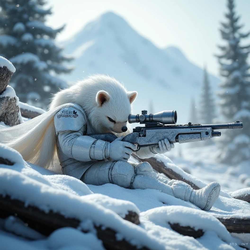 Large, Muscular, snow-white hedgehog soldier, donned in modern snow camo armor with a white cape. Surrounded by fallen trees and rocks, keeping him camouflaged. Dynamically laying flat on his stomach in a prone position. Looks through the scope of his long sniper rifle to line up his shot. His breath is visible in the cold. Snow has fallen on to his back, creating more camouflage. The name "CLT Hedgehog" etched on the shoulder of his armor, identifying him to his troops. Snow covering his back. Behind him is a snow-covered mountain. The hedgehog waits in complete silence, focused on not missing his shot. Snowing atmosphere. High Resolution, Masterpiece, Hyperdetailed, Depth Of Field, Image Fill, Floating particles, Character Design, Conceptual Art, Digital Art.