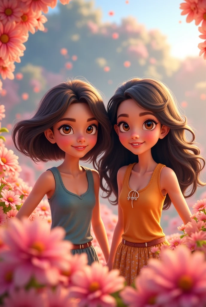 2 animated girls of 20 years old 
A girl with short hair with brown locks and brown eyes 
1 girls with long black hair and brown eyes 