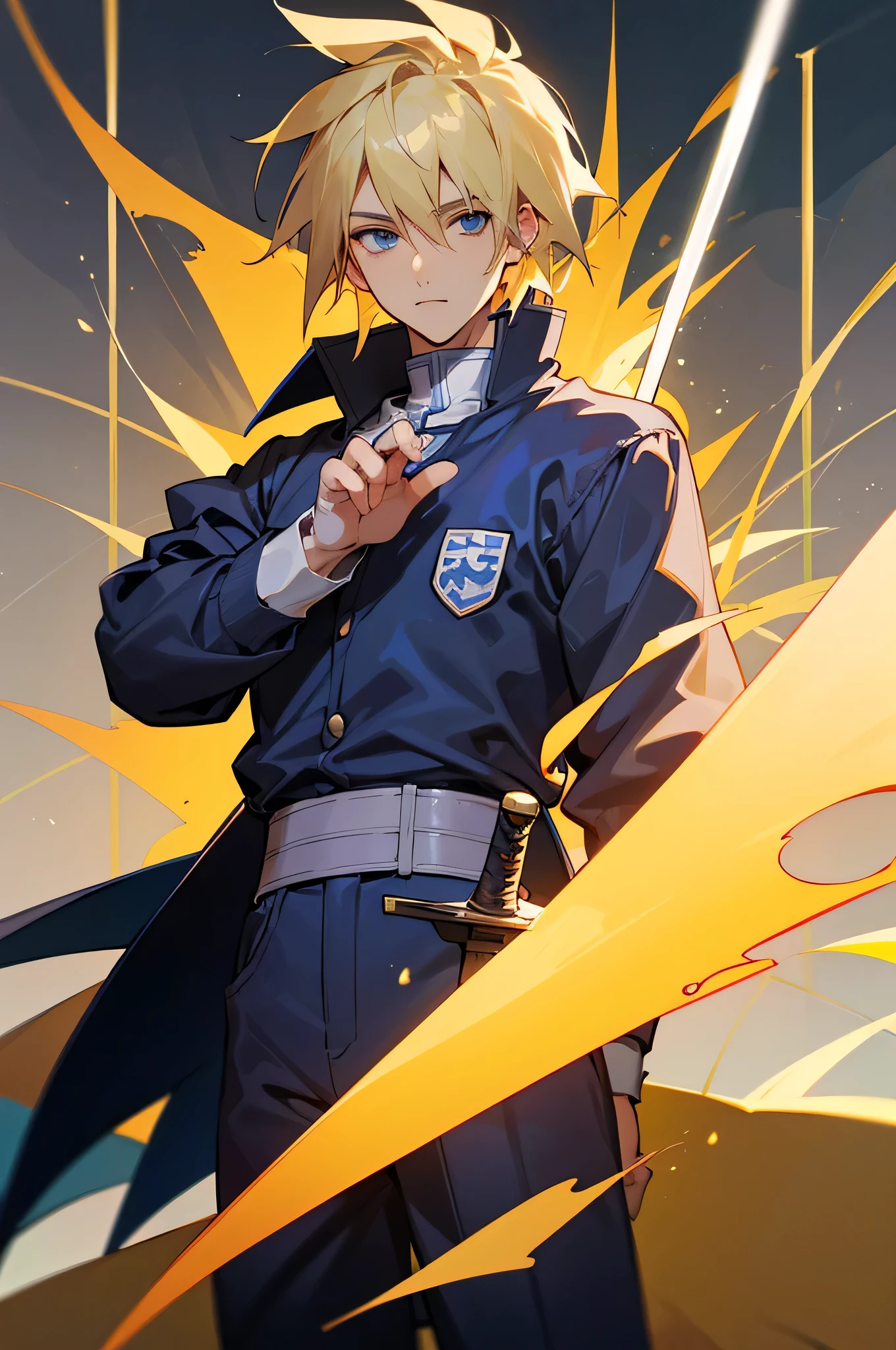 (masterpiece, best quality:1.3), 1 male, , (Blonde hair), Dark Blue eyes, School Uniform , England Background, Knight Logo, sword.