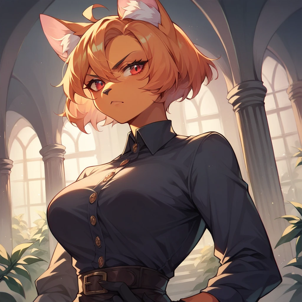 Young boy, cute facial features, blond, bob haircut, deep blue eyes, black outfit with chains and belts, cat ears and tail, many details, aristocratic, cold emotionless gaze