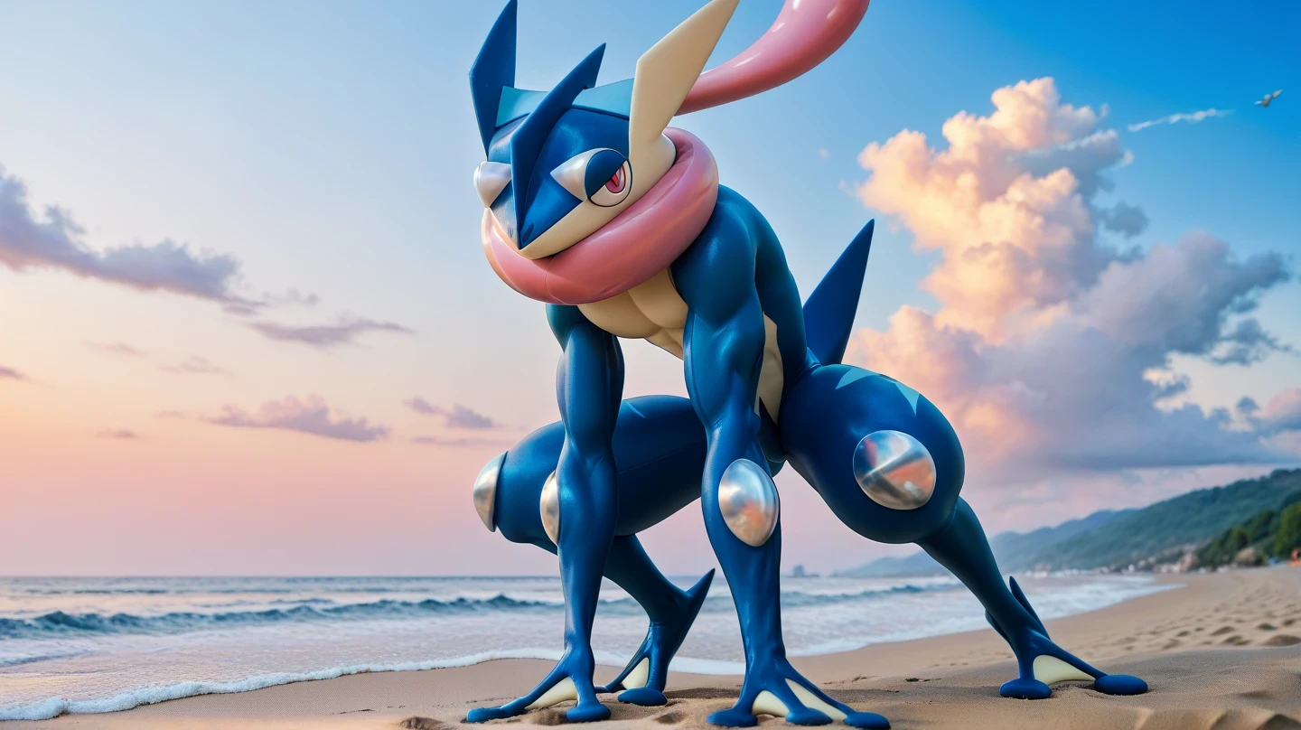 (      masterpiece,       better quality:1.2),alone, greninja  male     \(pokemon\),pokemon \(creature\),      full body,           there are no humans,      extended arms     ,       blue skin      ,        tight pants with long tabs looking at the spectator ,blue sky,  posture:   standing on two legs    ,     foot cream  , husky, husky, salivating,    seductive look   ,    marked muscles,  below,    on the beach, pastel pink sky  , white clouds, Blue Sea,     greninja    , salivating, Look with love   