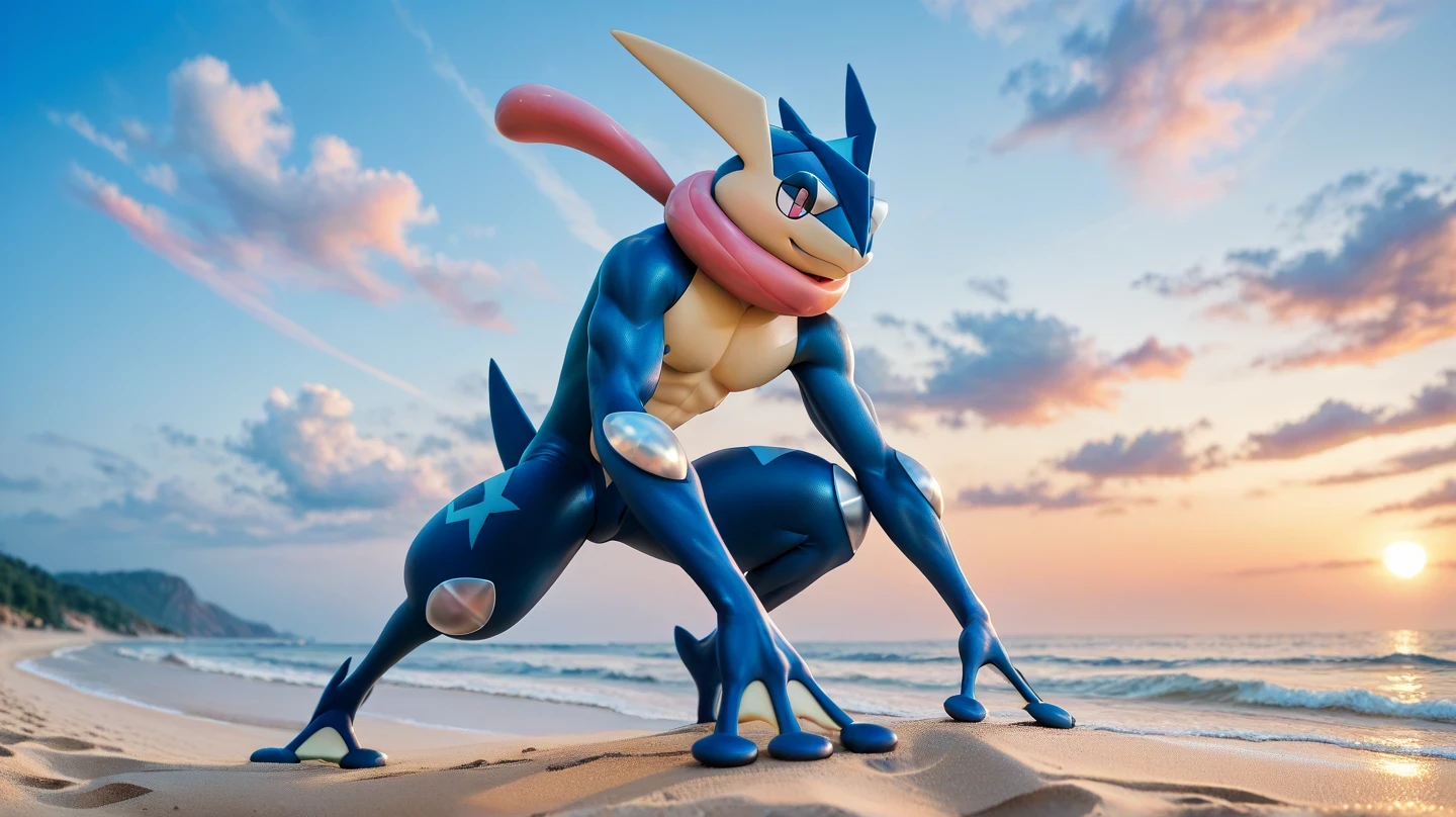 (masterpiece, best quality:1.2),solo,greninja \(pokemon\),pokemon \(creature\),full body,no humans,outstretched arms, long tongue, blue skin,looking at viewer,blue sky