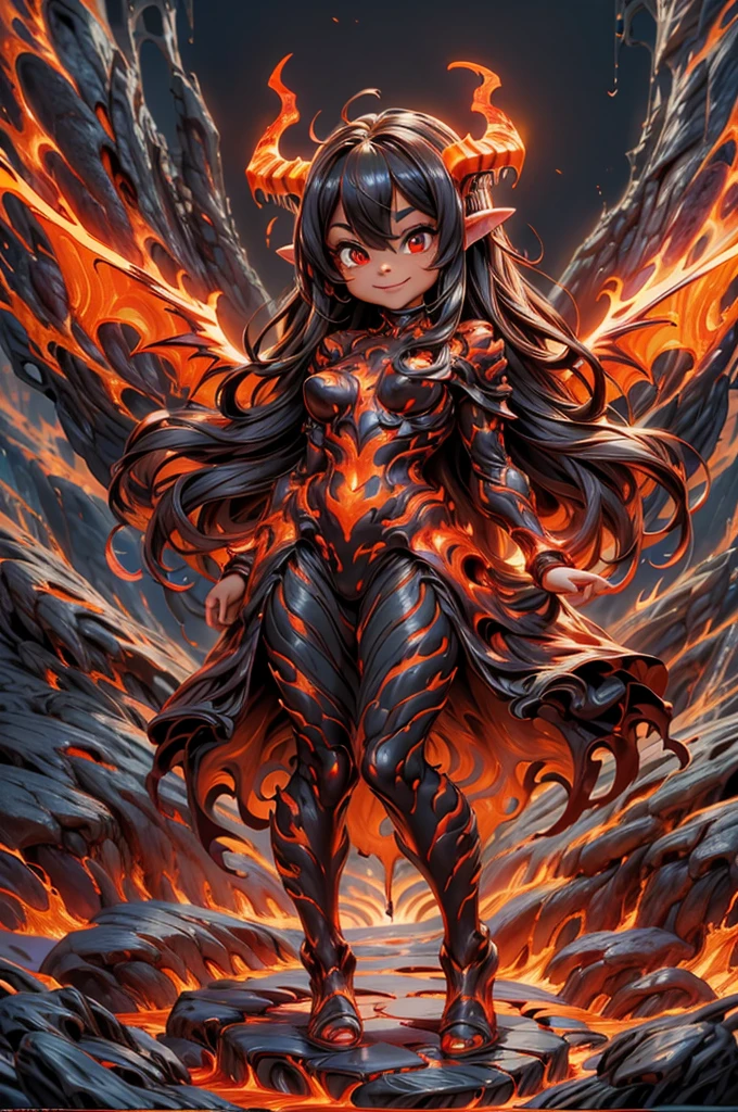 best quality, masterpiece, magma material, a beautiful succubus smiling (((made of magma))), flaming horns, wings of lava, (((body made of lava))), flesh made of lava, outfit made of ((lava)), large hair ((made of lava material)), photoshoot pose, dynamic pose, lava material, underworld fire scene, creepy, horror style, SFW